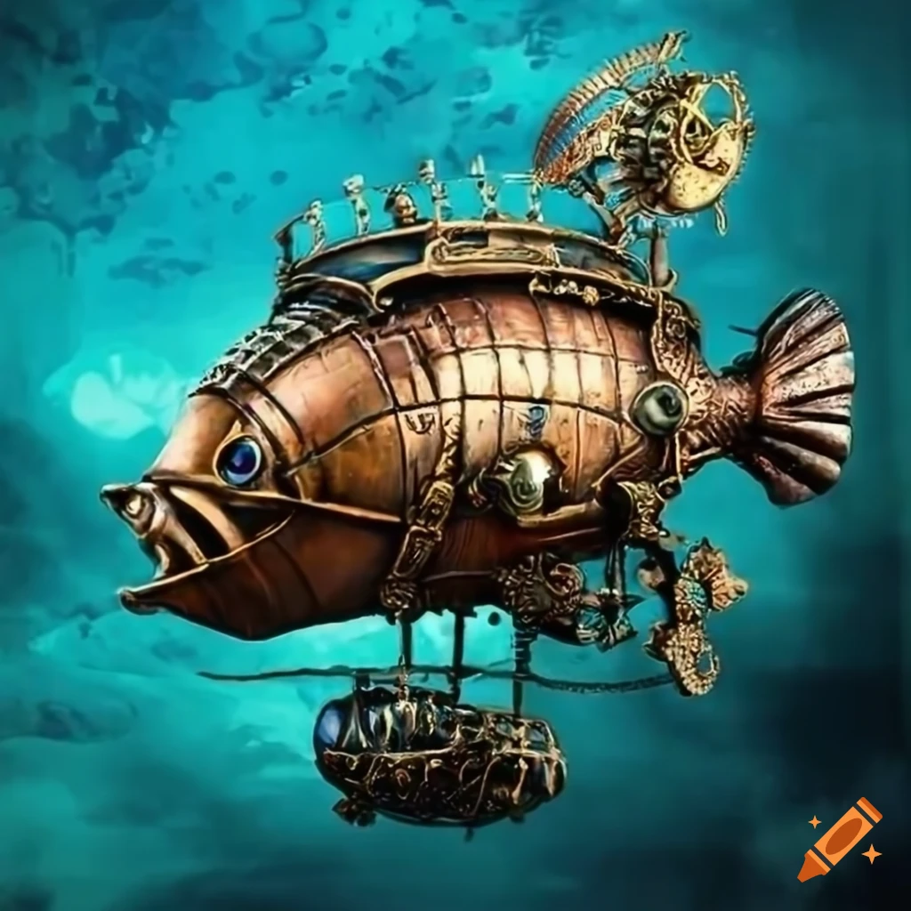 steampunk airship flying over a tropical city
