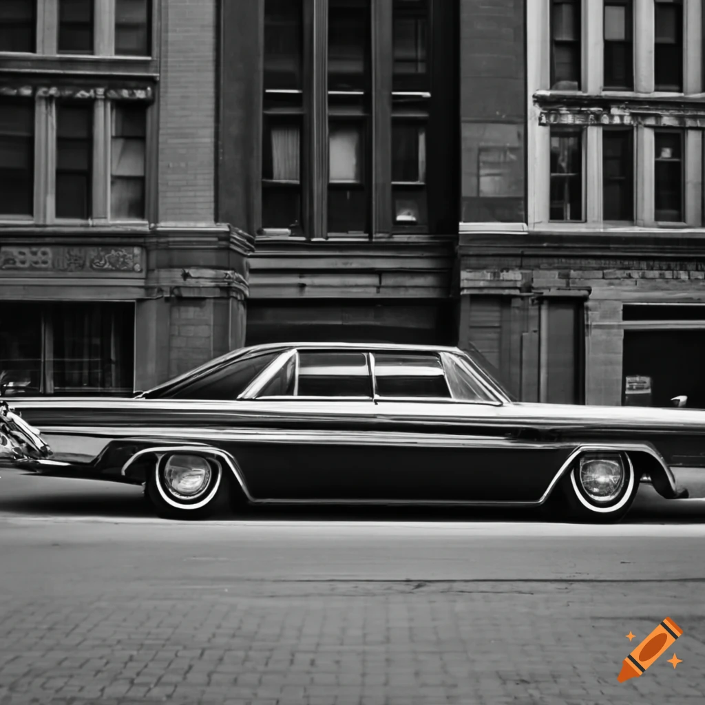 black and white photo of a parked Chrysler in downtown Detroit