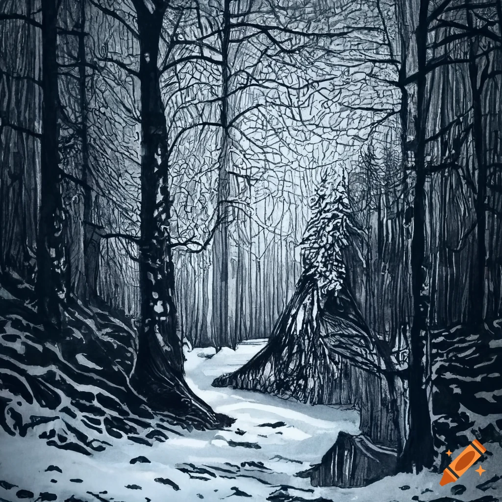 Ink drawing of a nordic forest in the snow