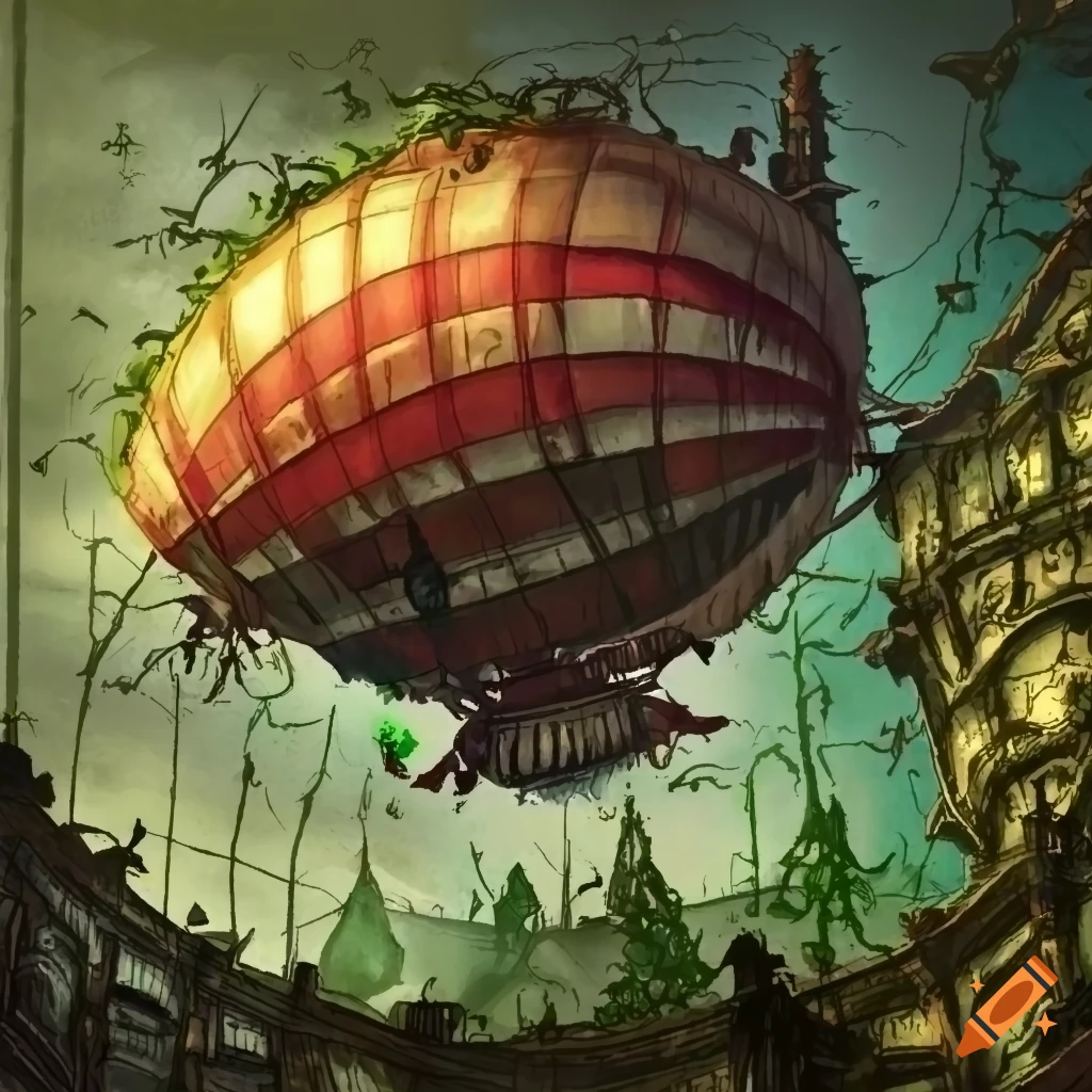 Image of a colorful steampunk city with airships on Craiyon