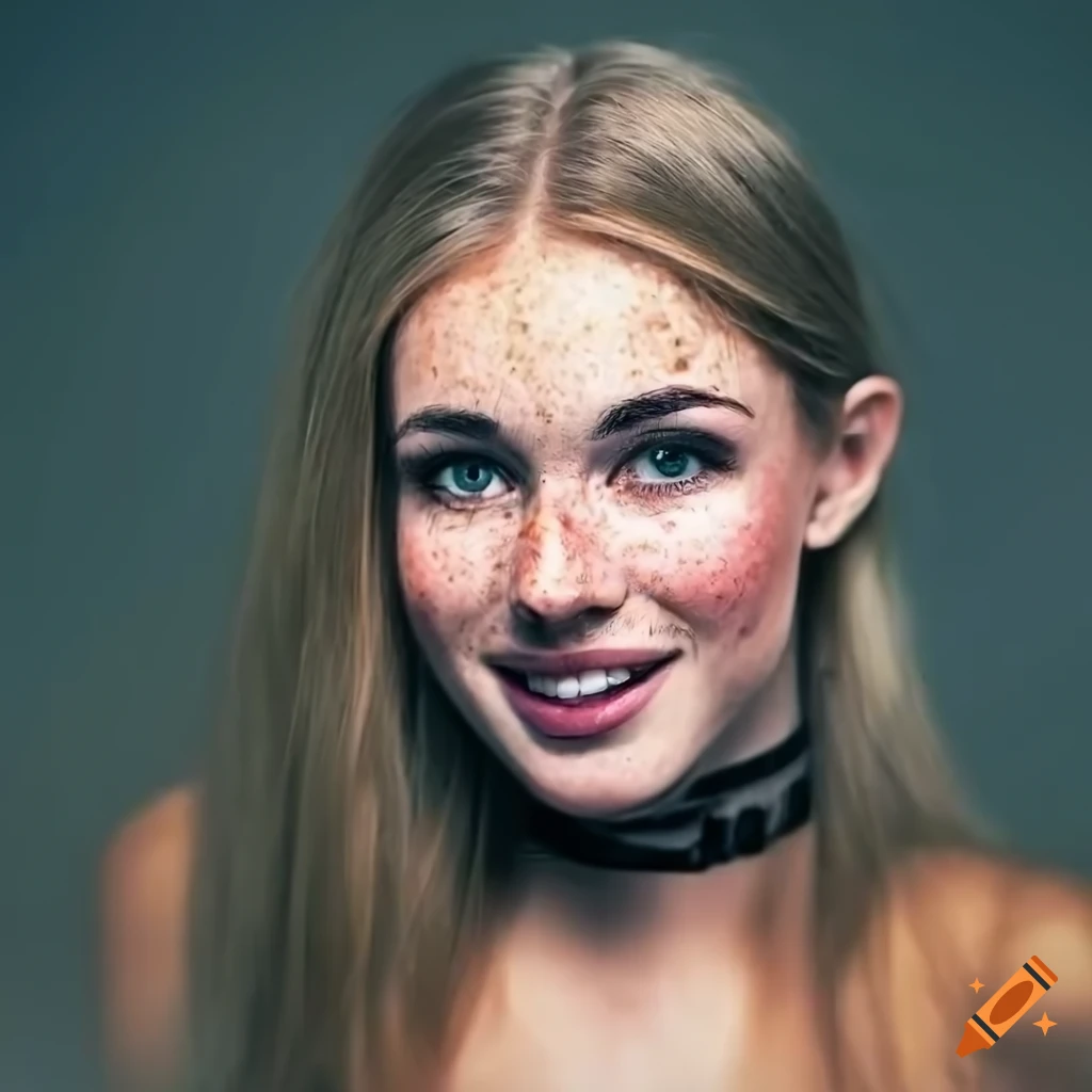 Portrait of a young woman with freckles and dark blonde hair on Craiyon