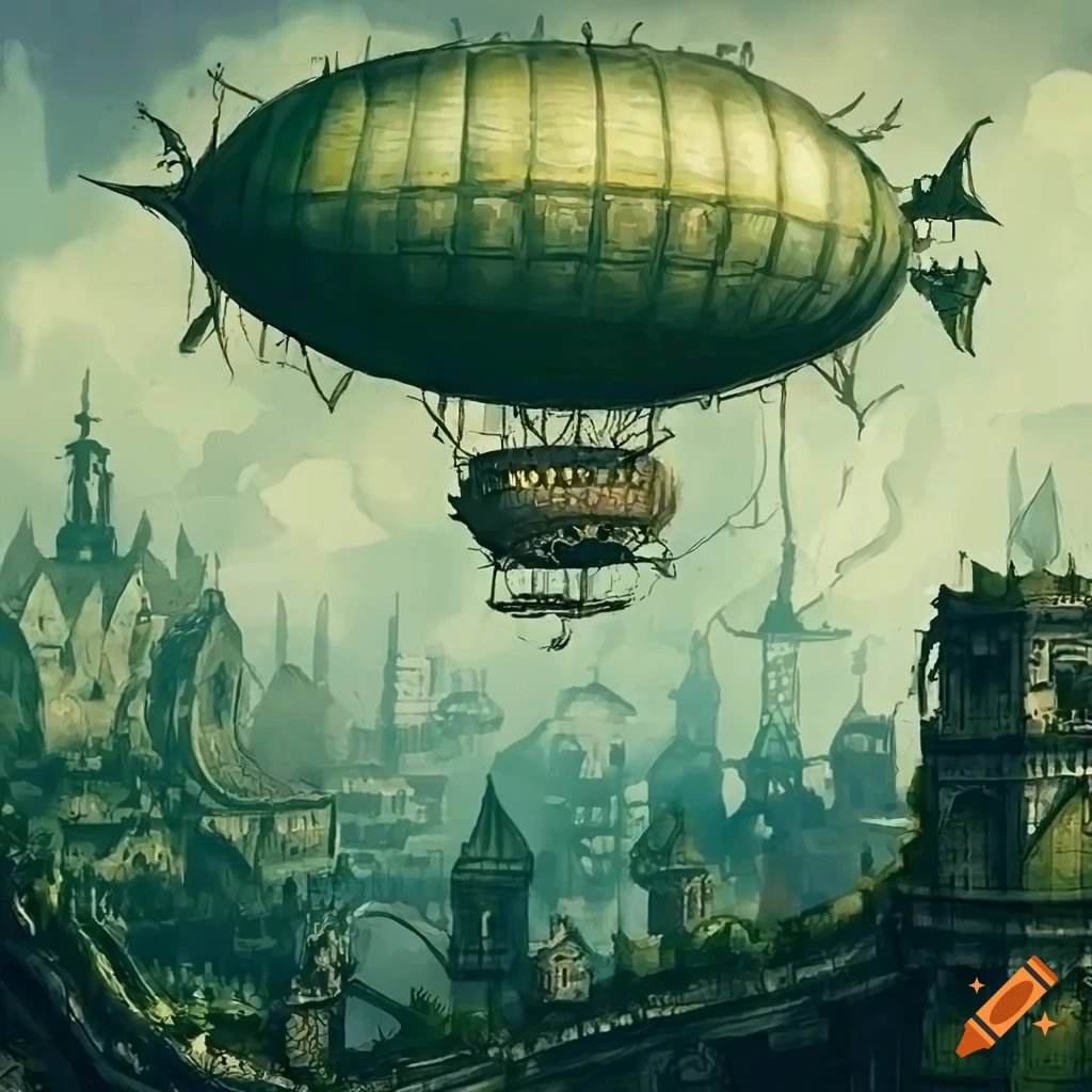 steampunk city covered in jungle, airship flying above