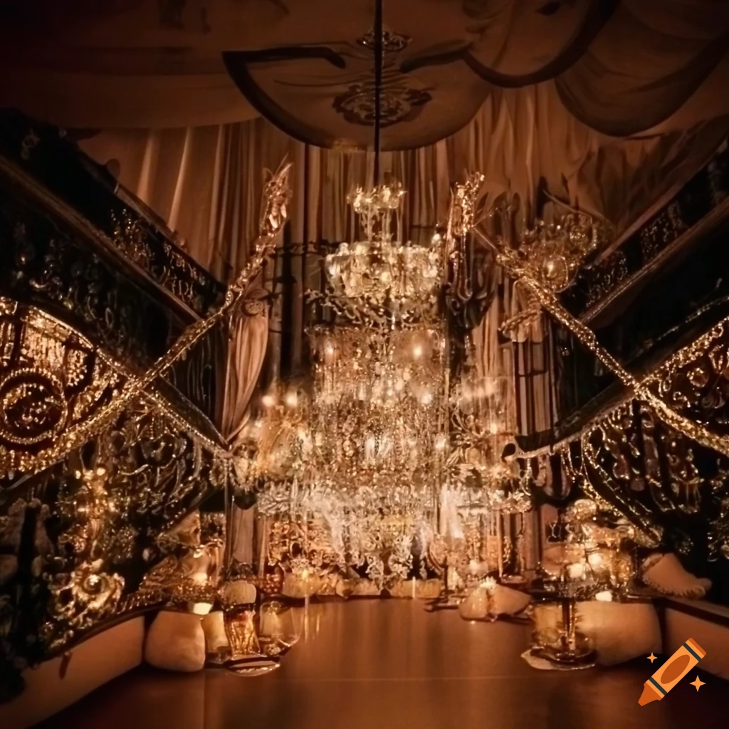Gatsby themed party decoration with feathers and chandeliers on Craiyon