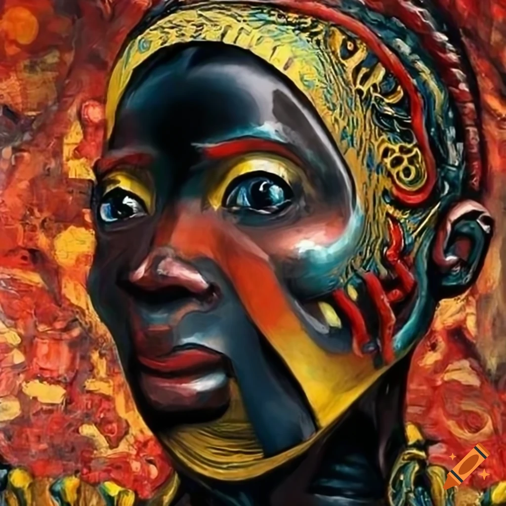 Surrealist painting of a chained cyborg african tribe in gold, black ...