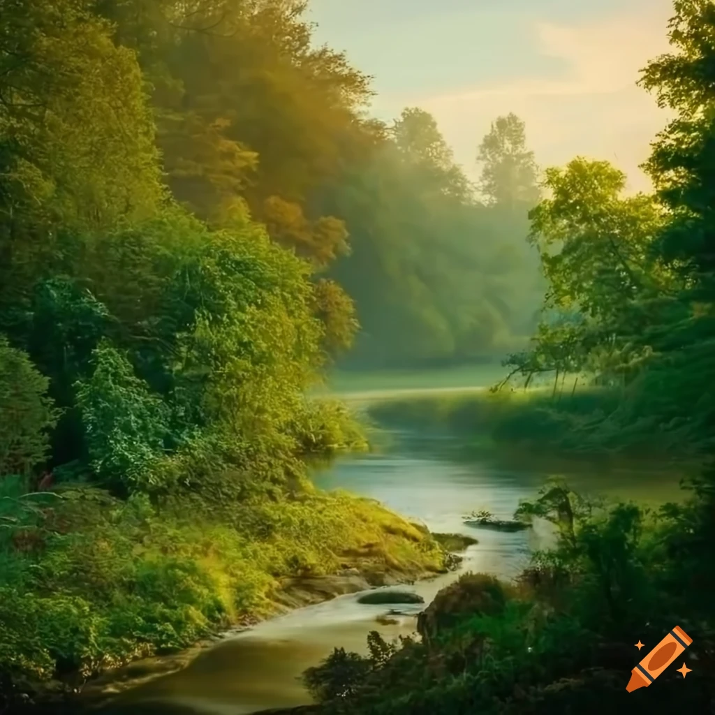 A stream running through a lush green forest. Forest river flowing