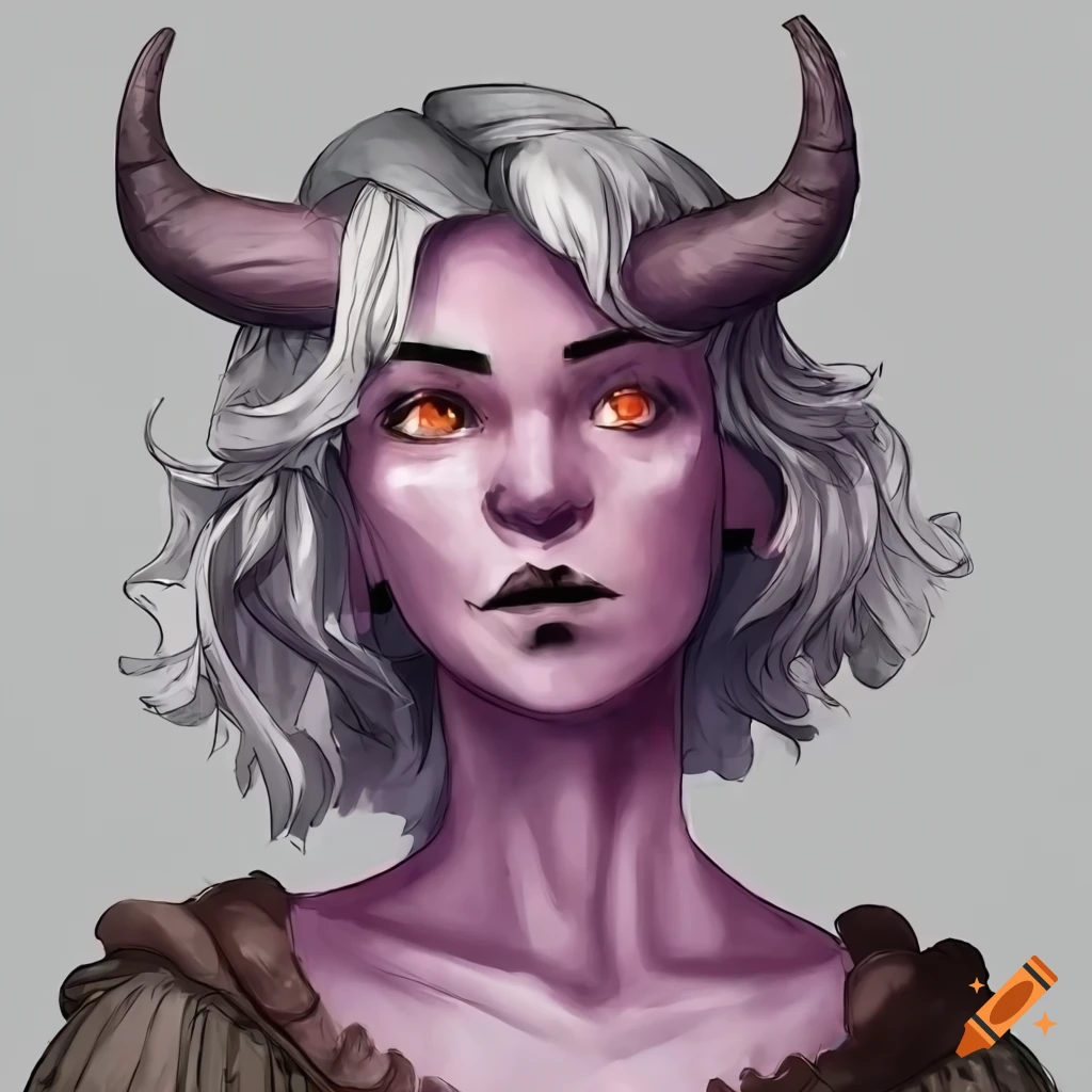 Portrait of a female tiefling with silver hair and purple skin on Craiyon