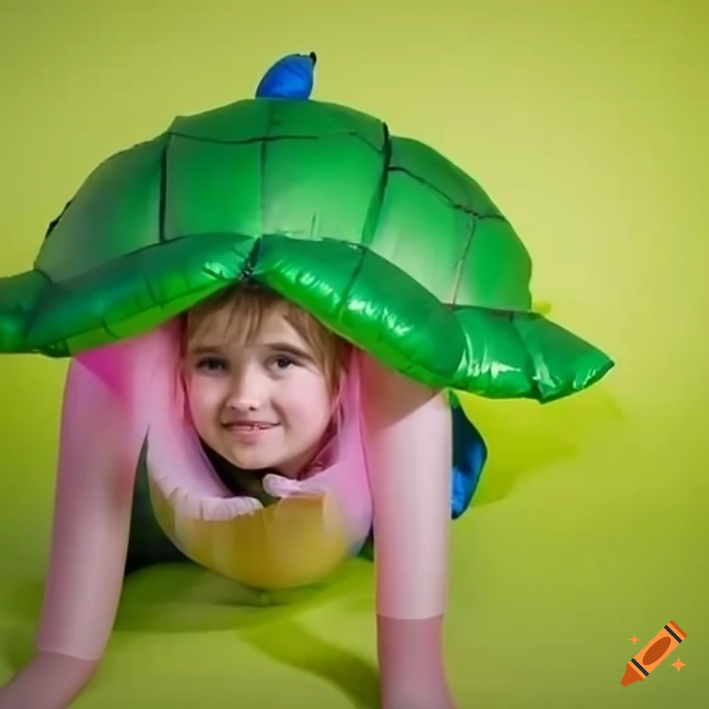 young girl in a turtle costume with giant shell