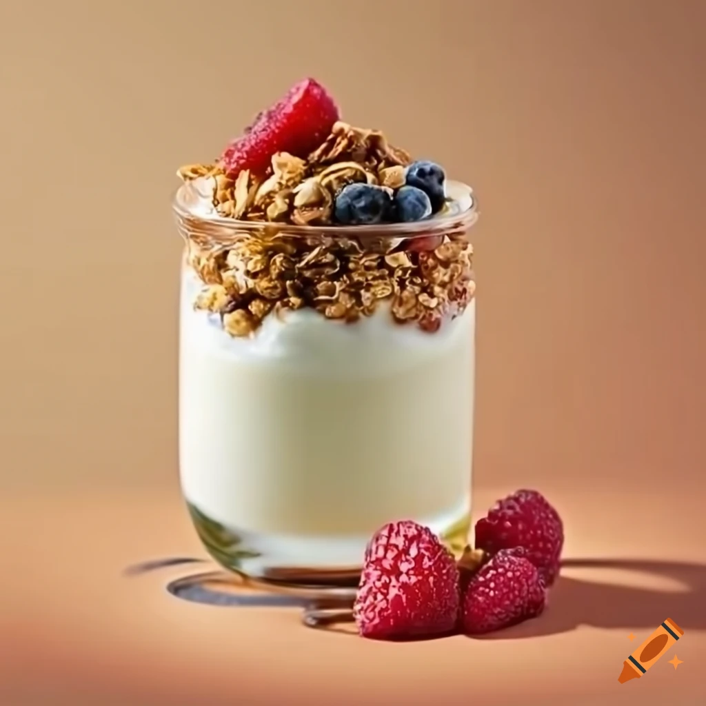 Layered greek yogurt, granola, and fruit breakfast on Craiyon