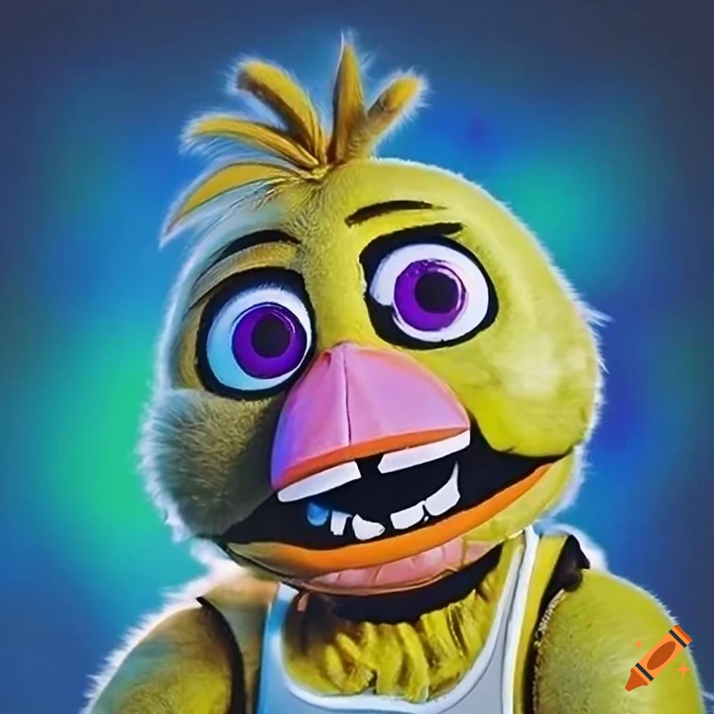 Digital, very vibrant, 2d, vintage 1980's japanese anime, up close head and  shoulder shot of, fnaf, chibi and adorable chica the chicken as colorful  paint splatter art, with a gray backdrop, high