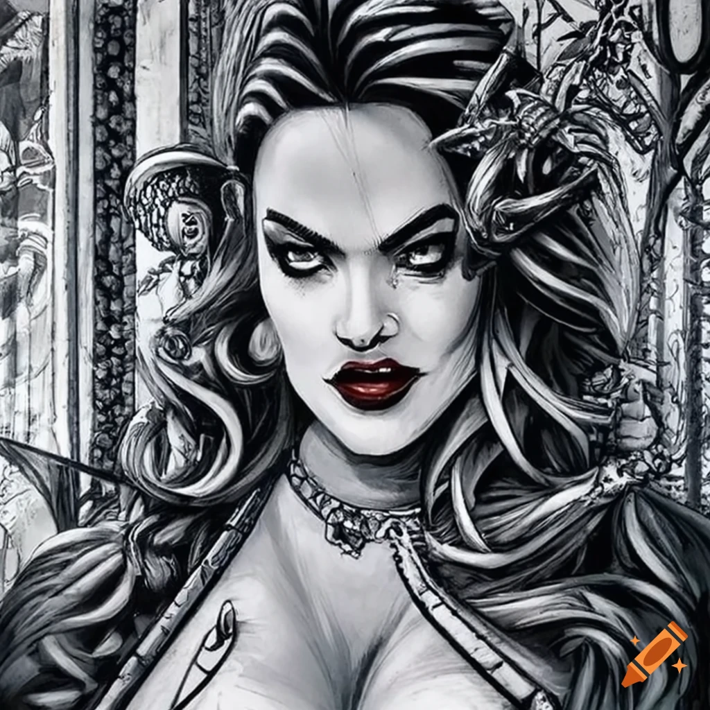 detailed pencil illustration of a femme fatale in a horror comic