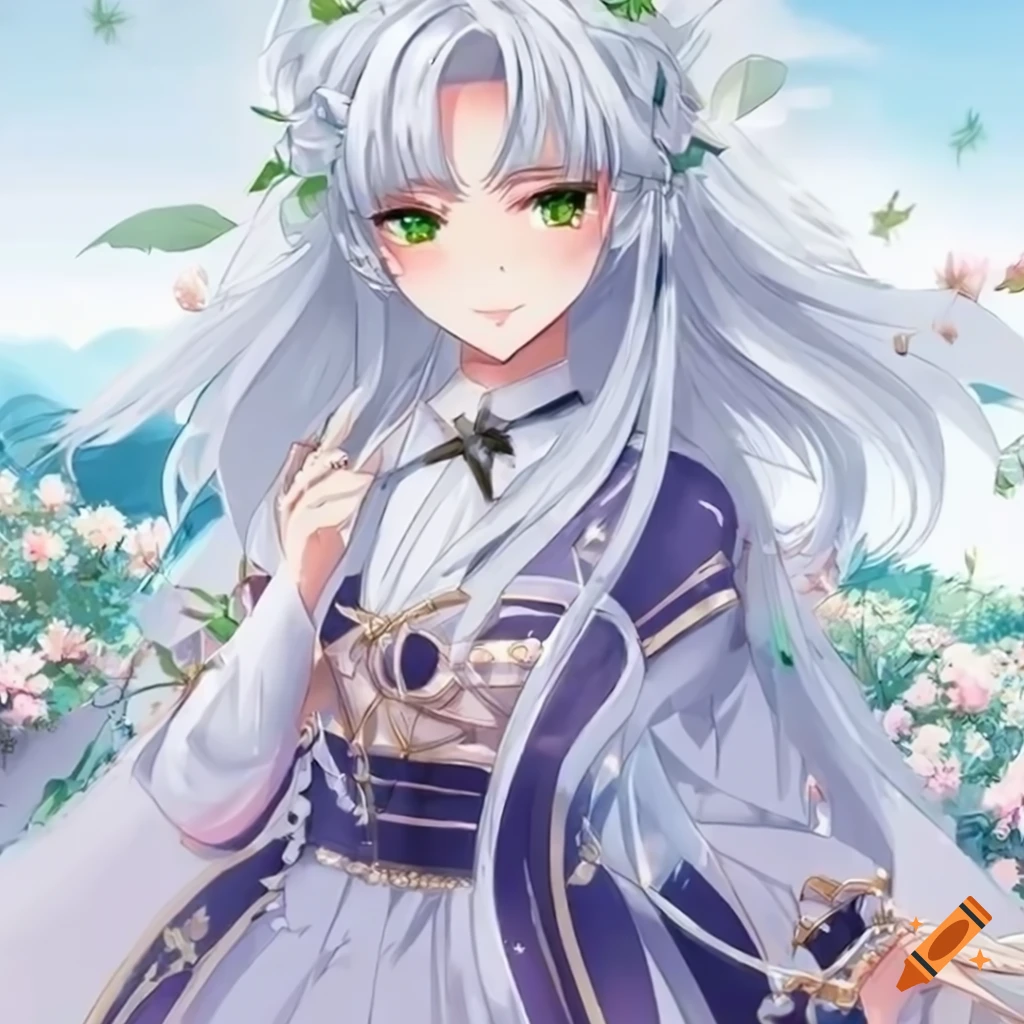 Anime queen with long white hair, blue eyes and tanned skin