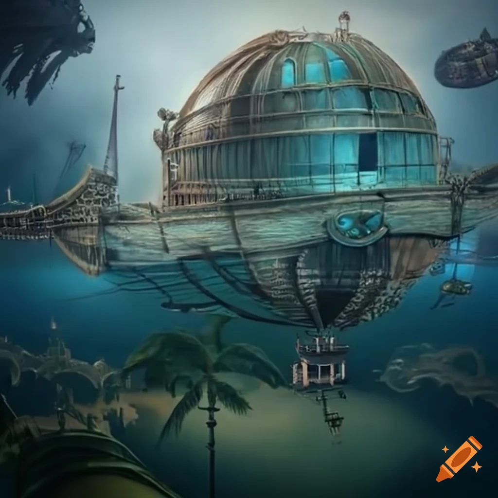 steampunk city with an airship