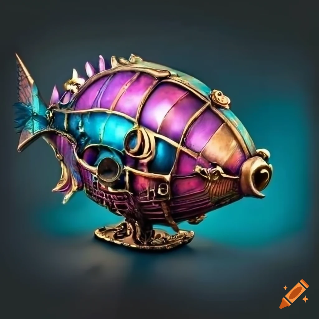 steampunk fish-like airship over a city