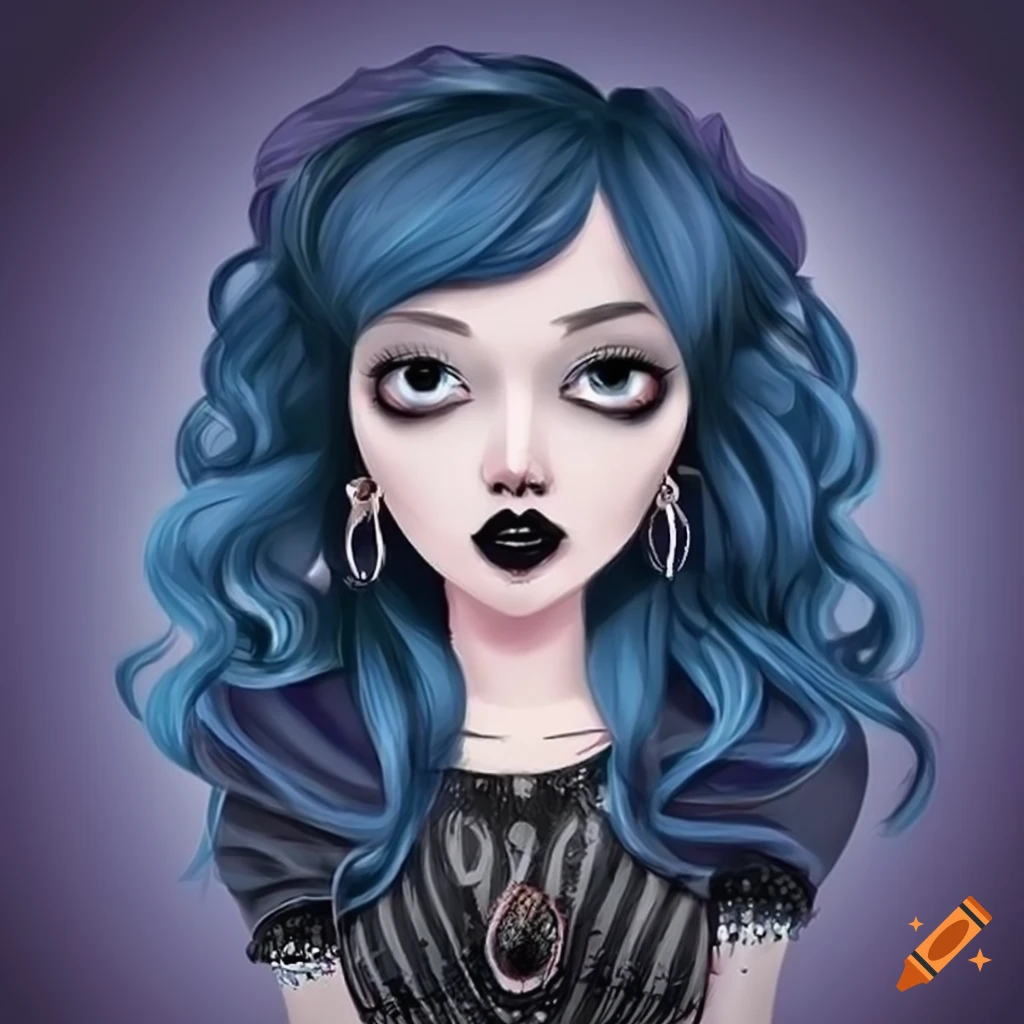 Cartoony goth girl short black hair with red eyes, tattoos, streetwear  clothing style on Craiyon