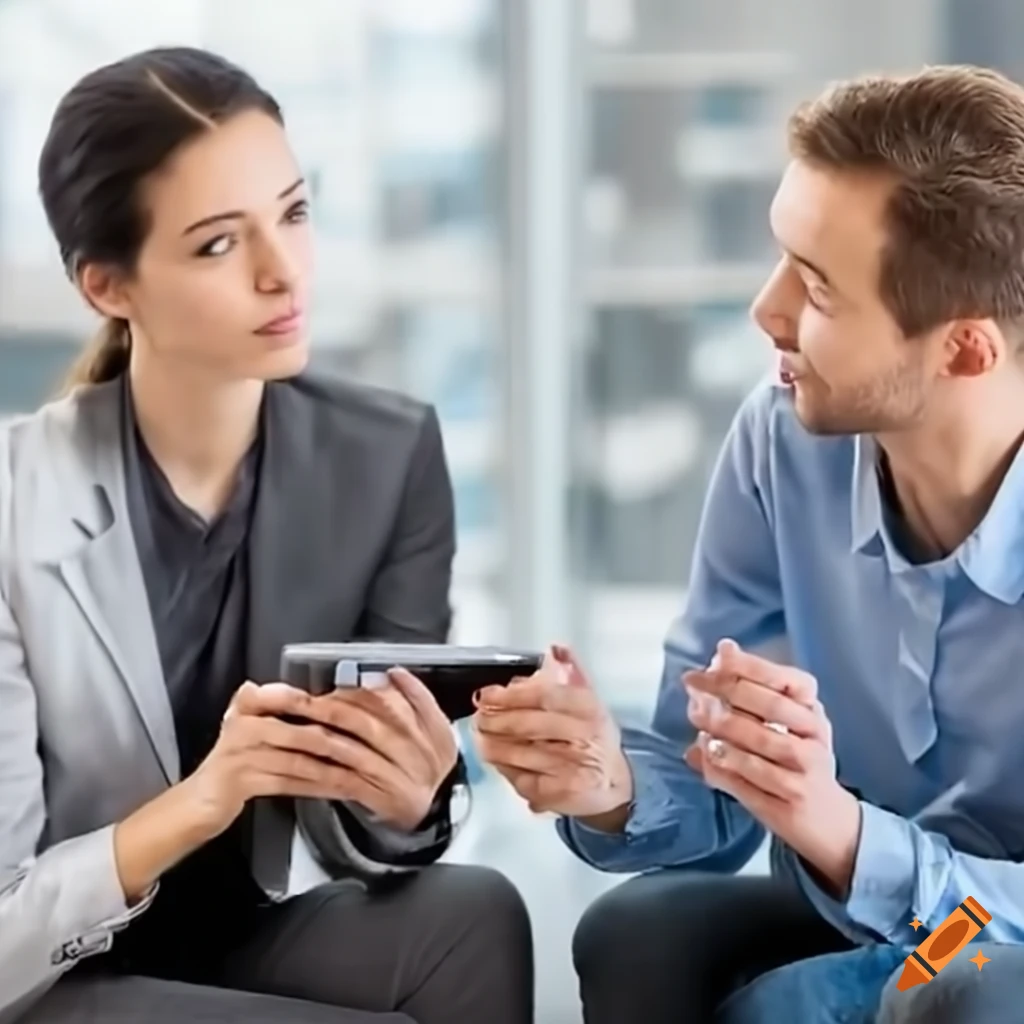 two people having a conversation in an office