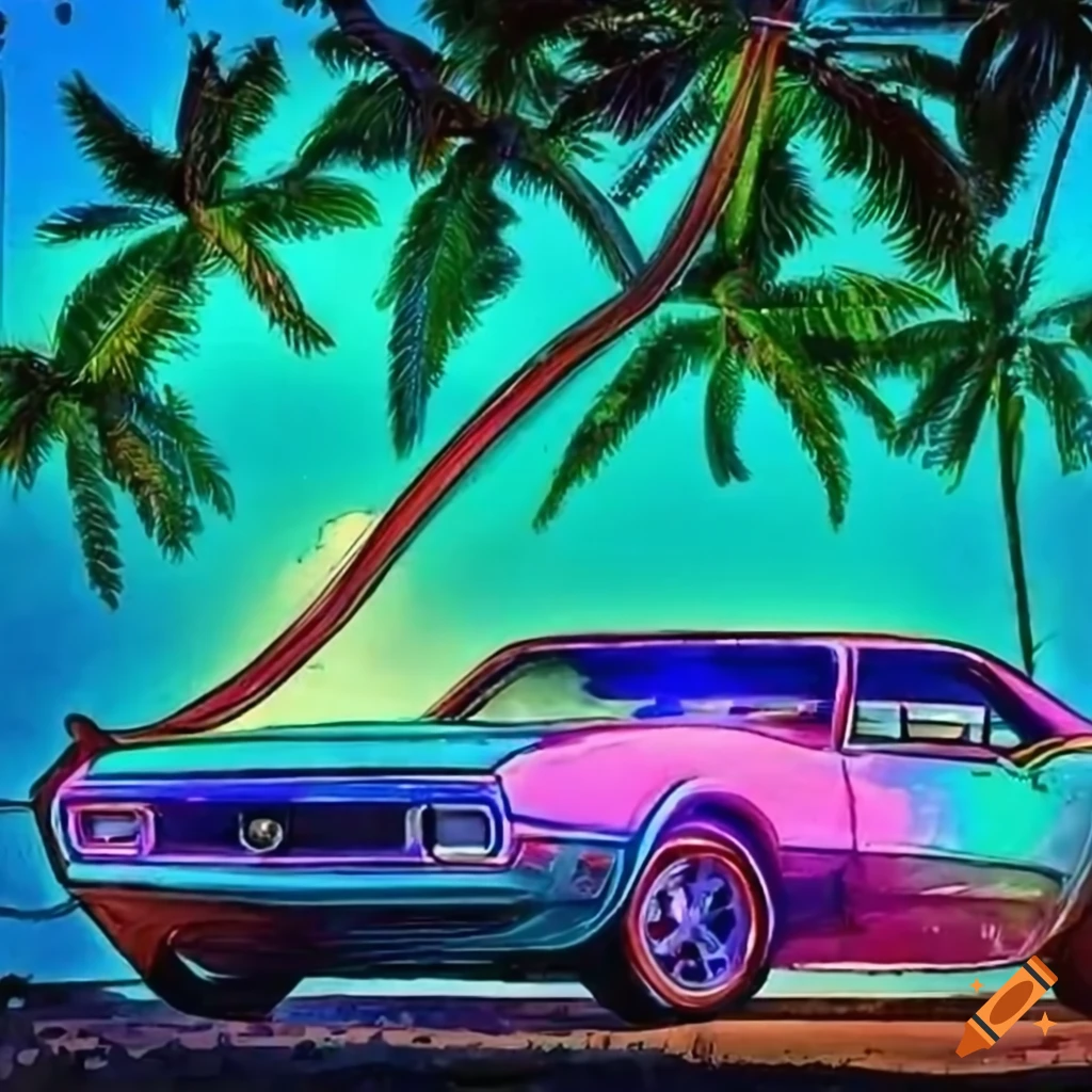 vintage-neon-lit-muscle-car-parked-by-palm-trees-in-florida