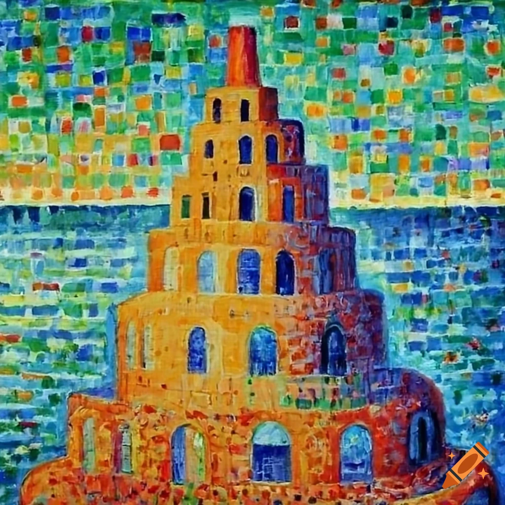 pointillism painting of the Babel Tower