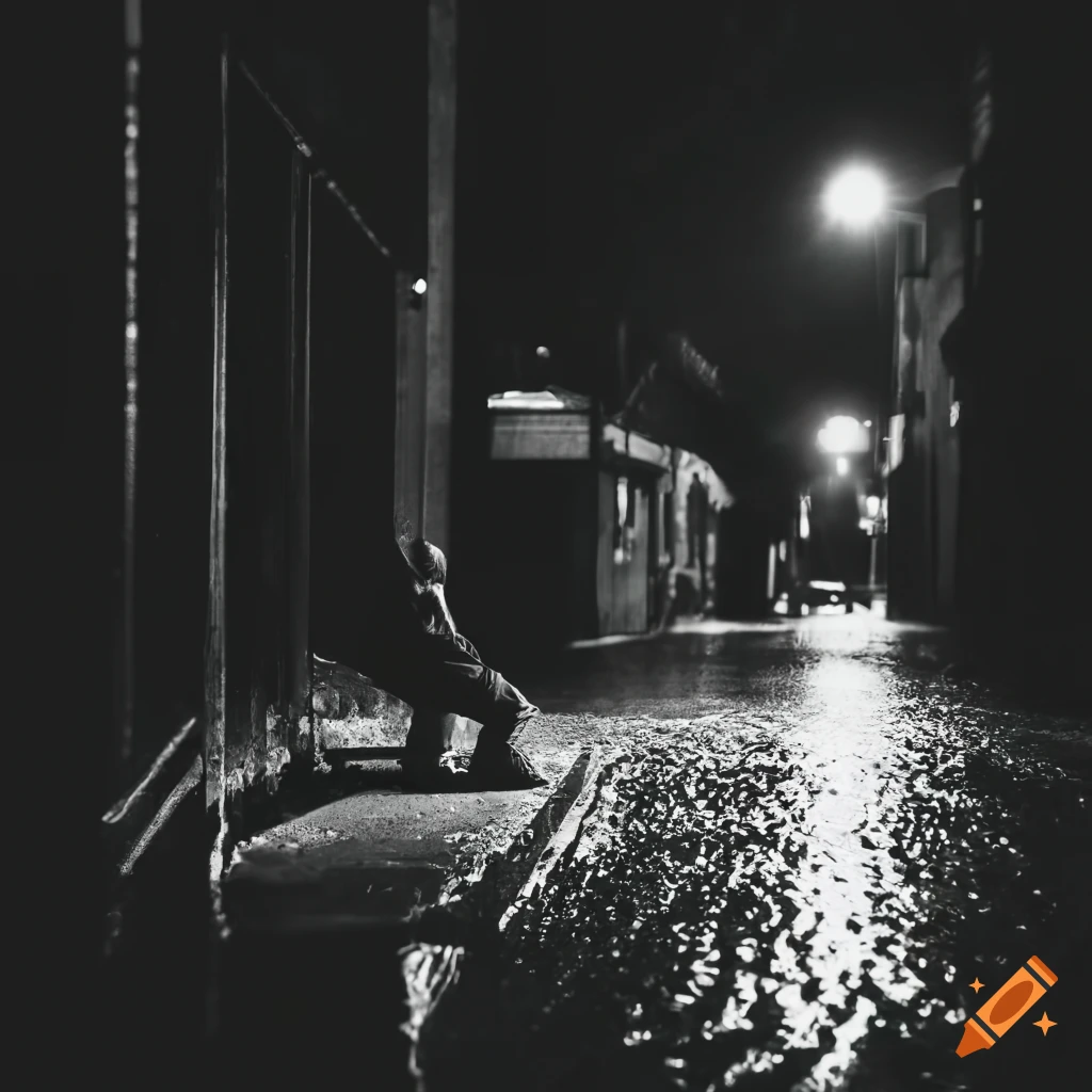 man sitting alone on wet pavement at night