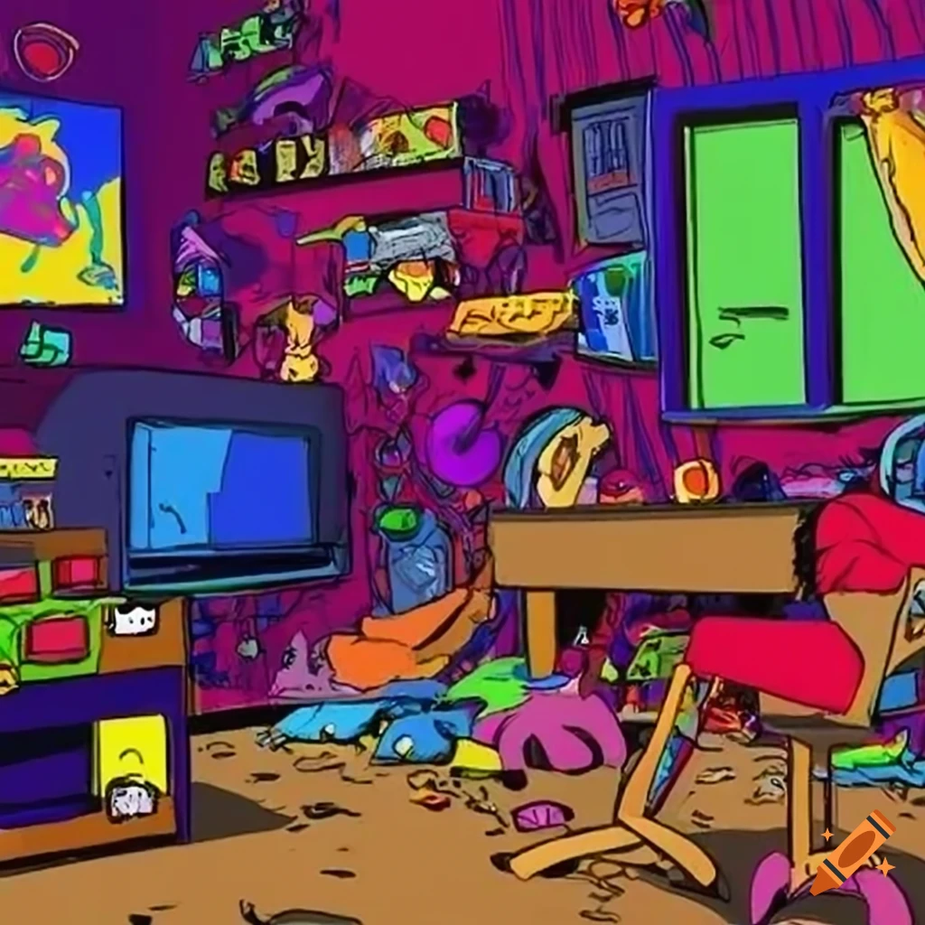 abstract cartoon style messy room