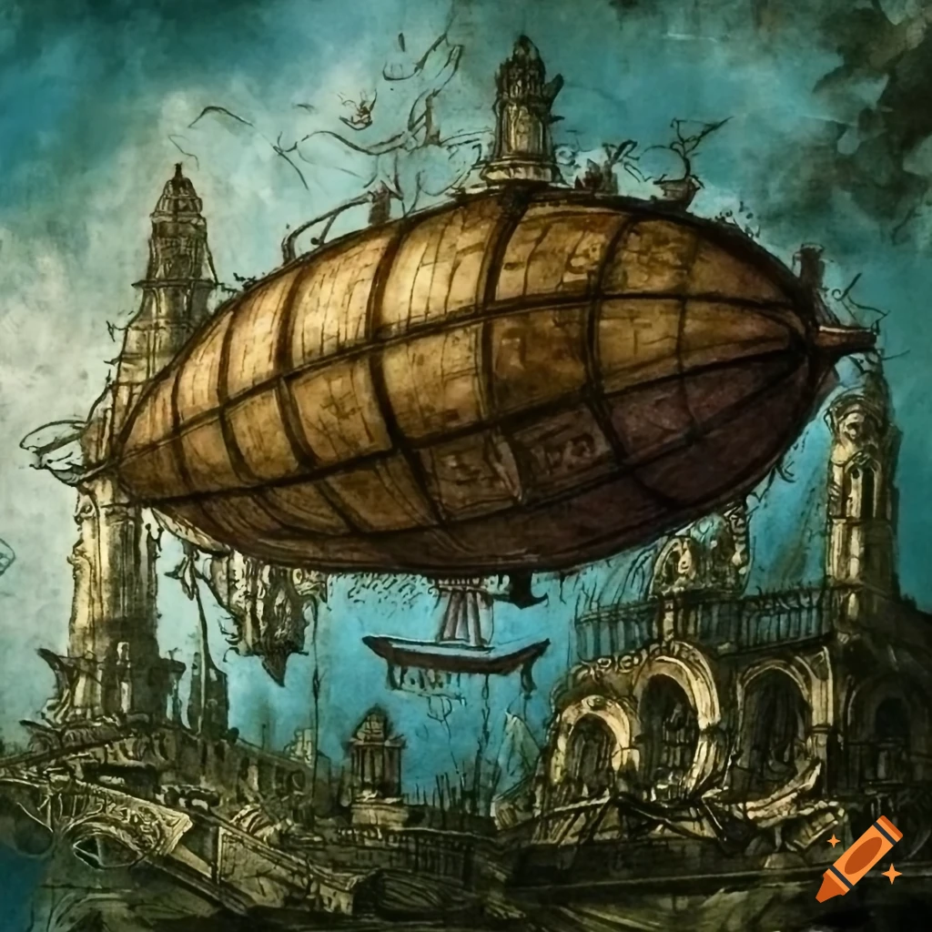 Steampunk cityscape with airship and jungle overgrowth on Craiyon