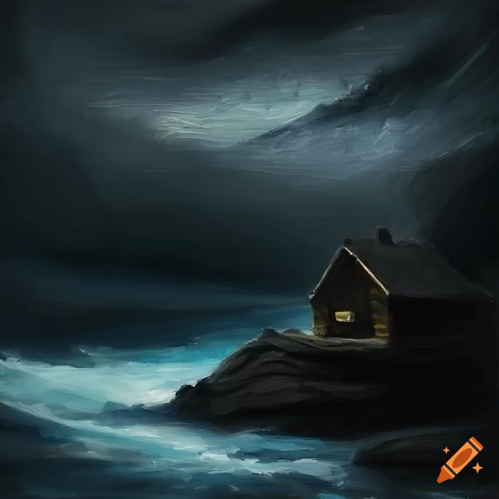 dramatic oil painting of a house on rocky waves