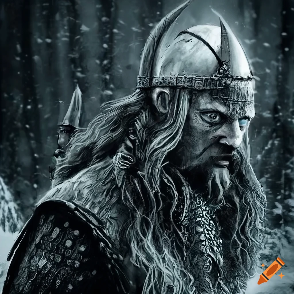 Black and white illustration of vikings in snowy landscape