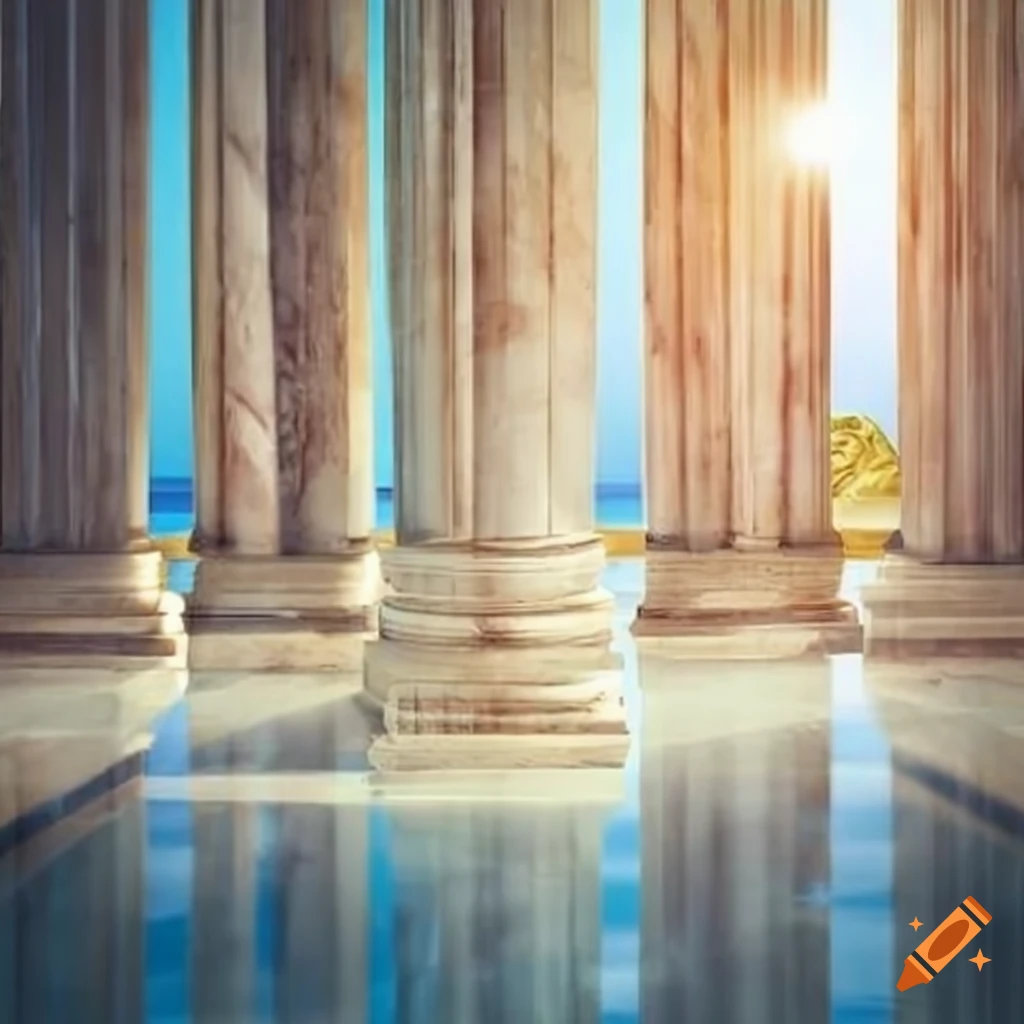 sunlit marble pillars and stairs with reflective water floor