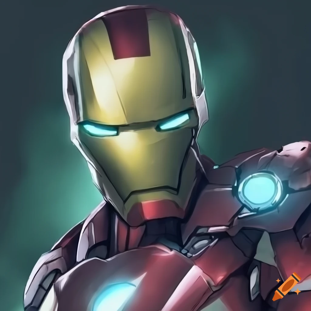 anime depiction of Ironman with green eyes and white armor