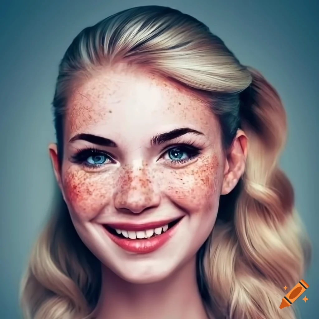 Portrait of a beautiful young woman with freckles and blonde hair on ...