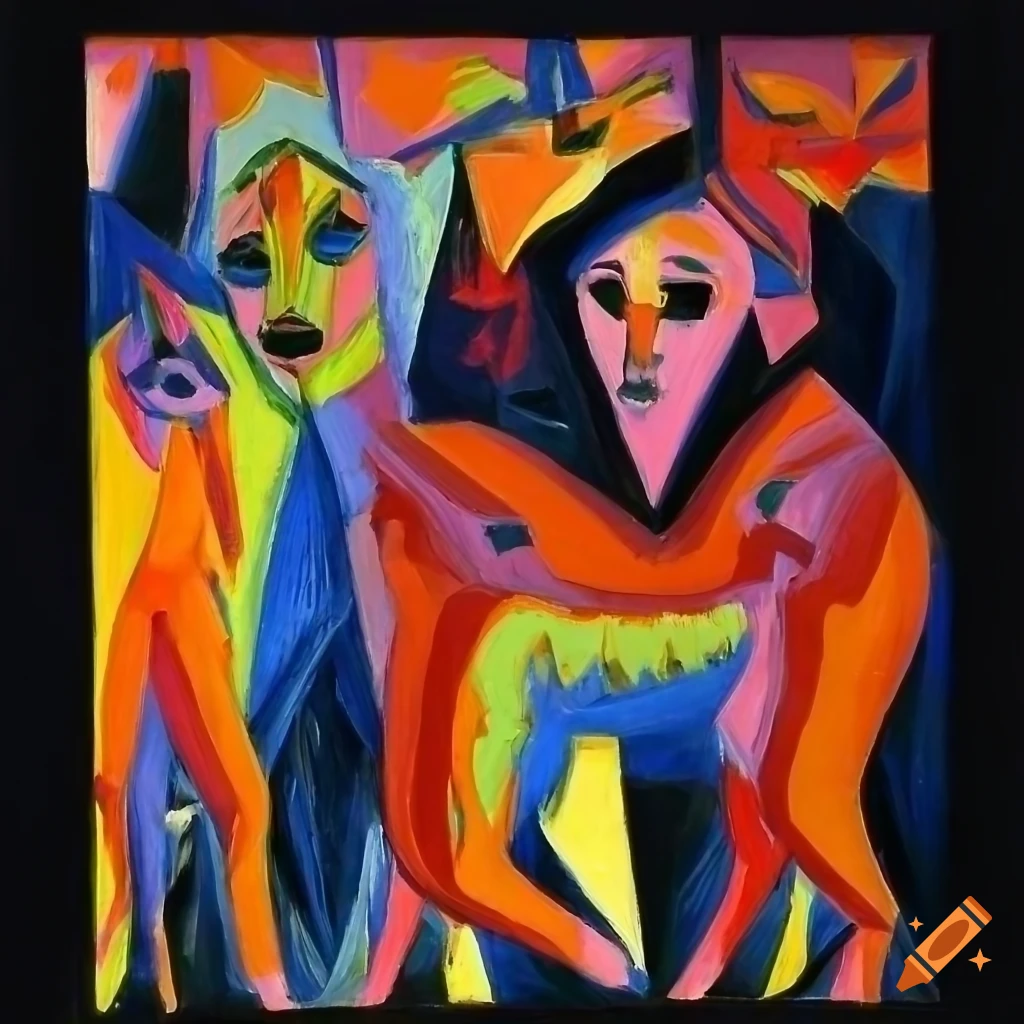 colorful expressionist painting of mythical animal human hybrids
