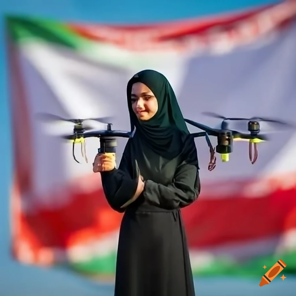 Iranian girl with chador and Iranian flag logo with a drone