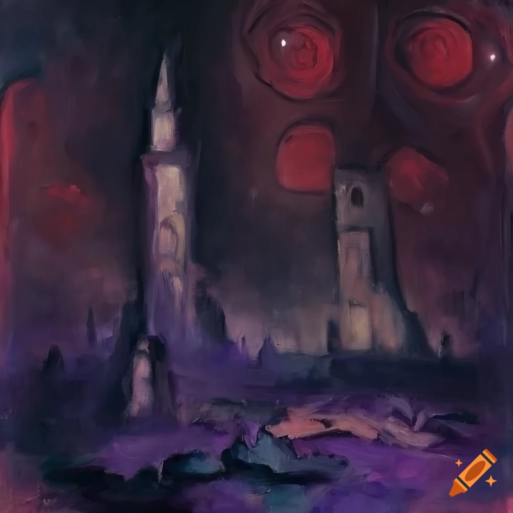 painting of red roses with a dark tower in the background