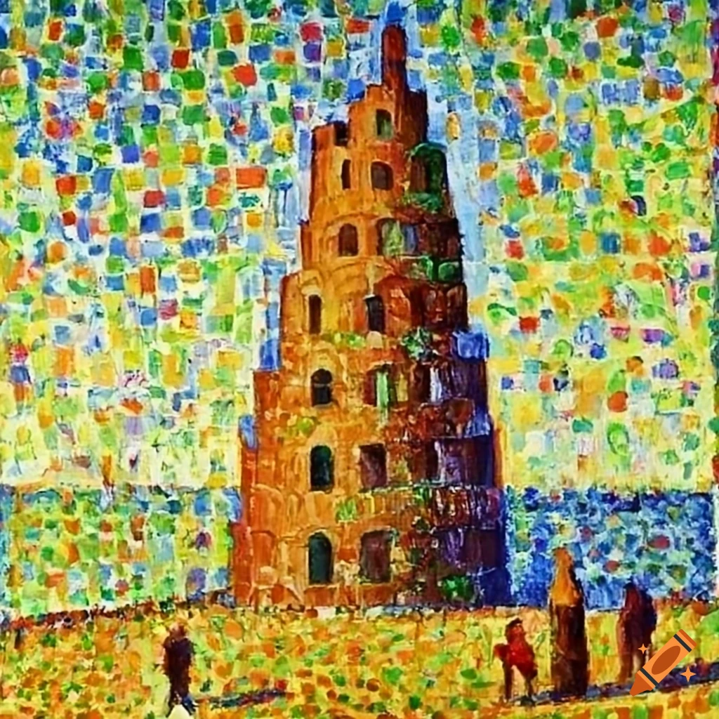 Babel Tower in the style of Seurat