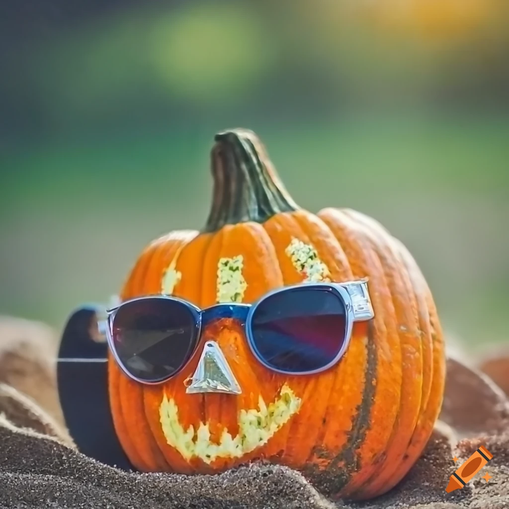 a pumpkin wearing sunglasses in the sand