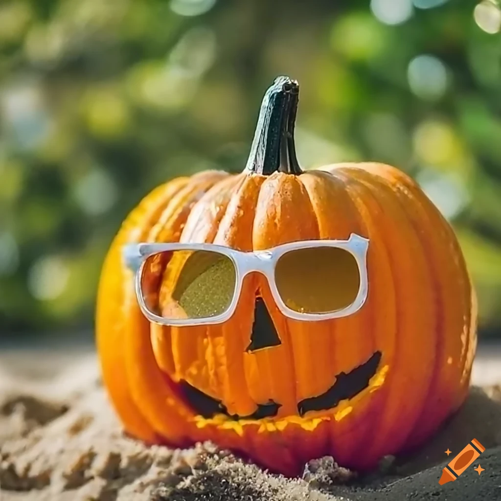 pumpkin with sunglasses in the sand