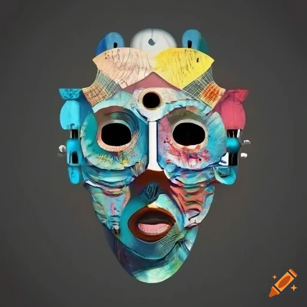 collage artwork of a complex machine mask