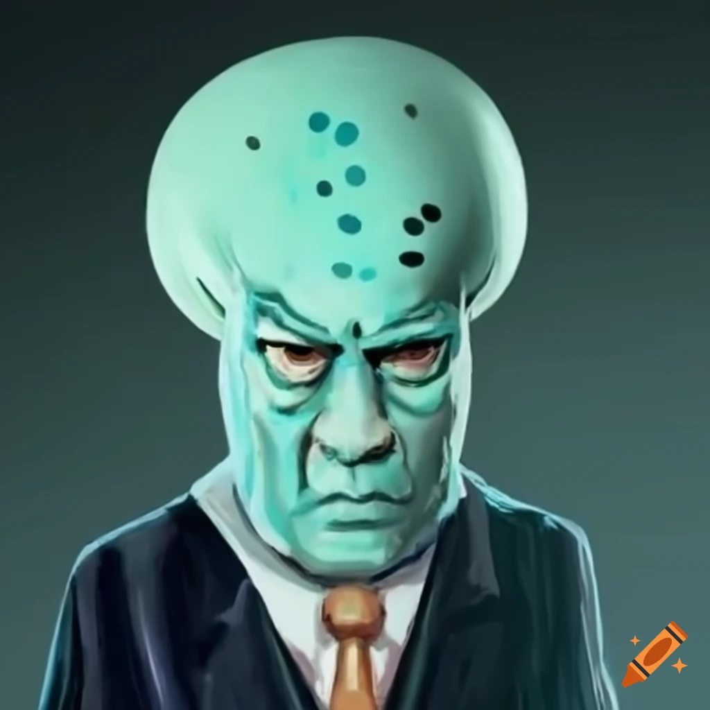 Squidward wearing a mobster outfit