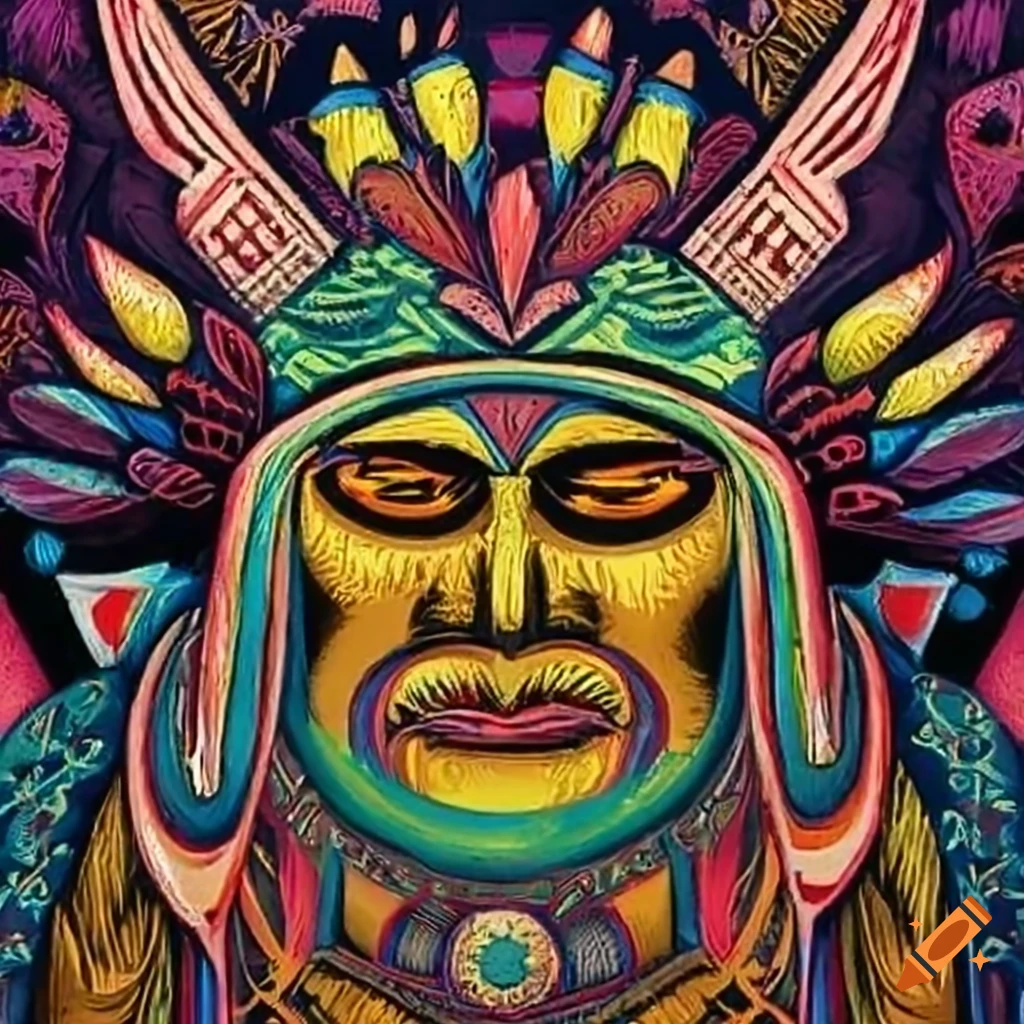 Woodcut illustration of a shaman with vibrant colors on Craiyon