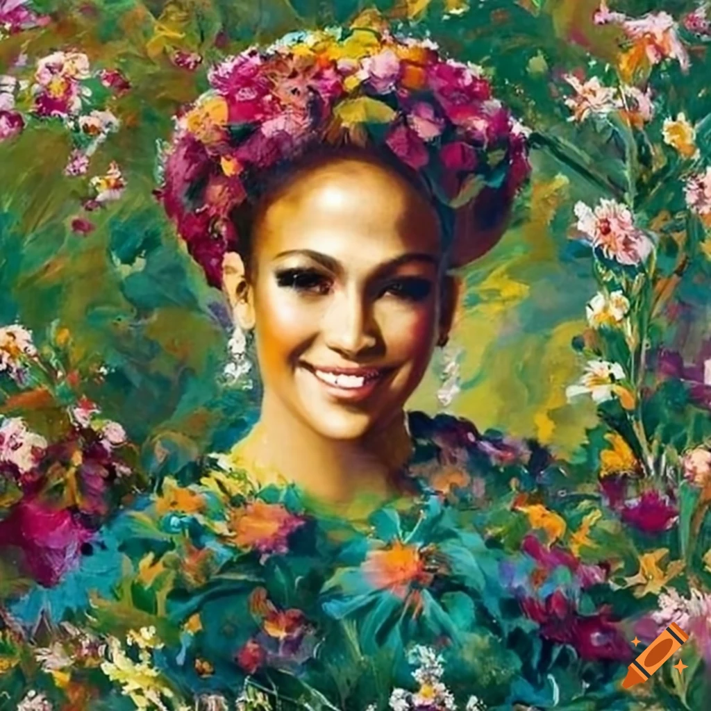 Portrait of jennifer lopez in a flower garden on Craiyon