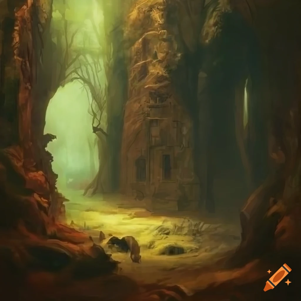 painting of ancient ruins in a temperate forest