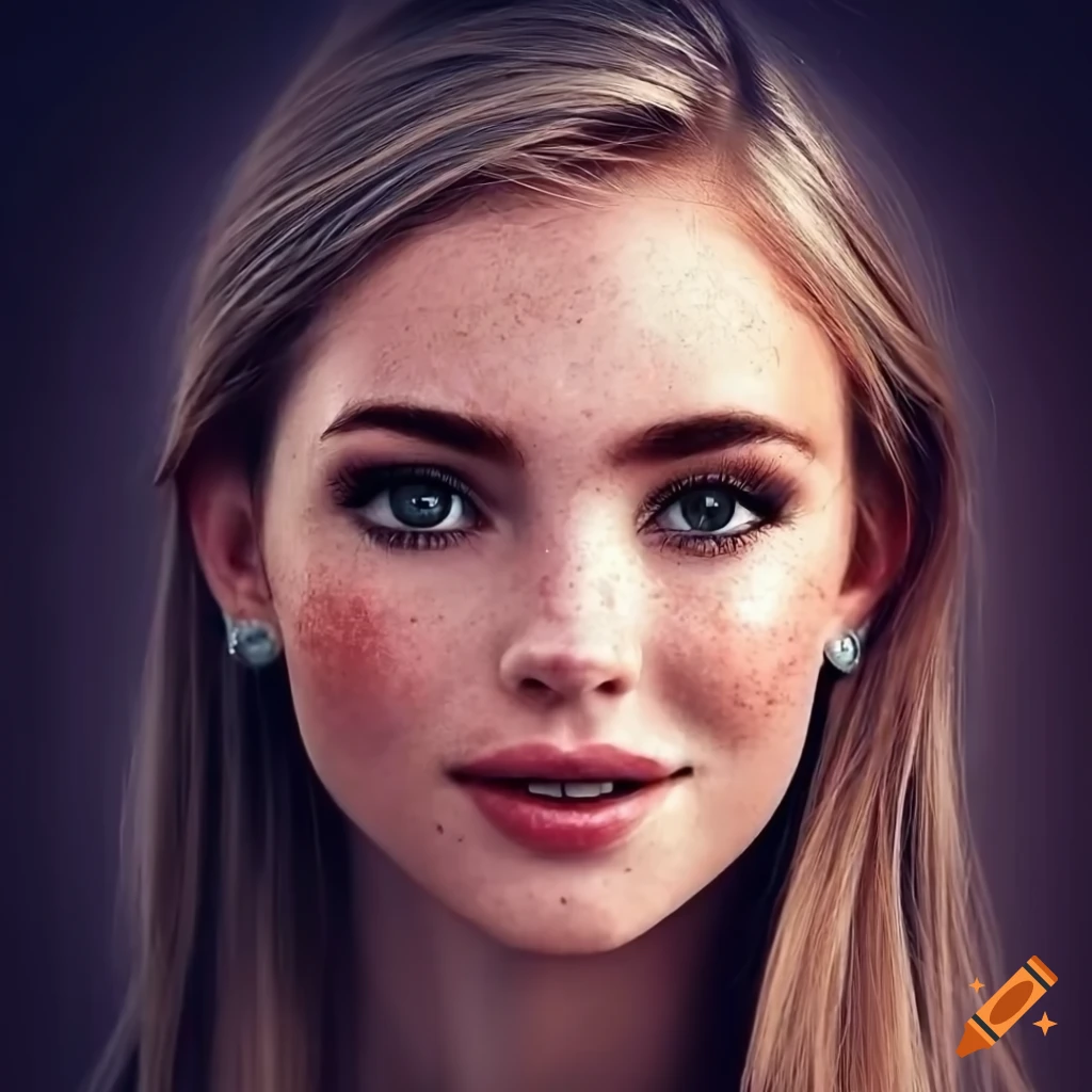 Portrait of a young woman with freckles and dark blonde hair on Craiyon