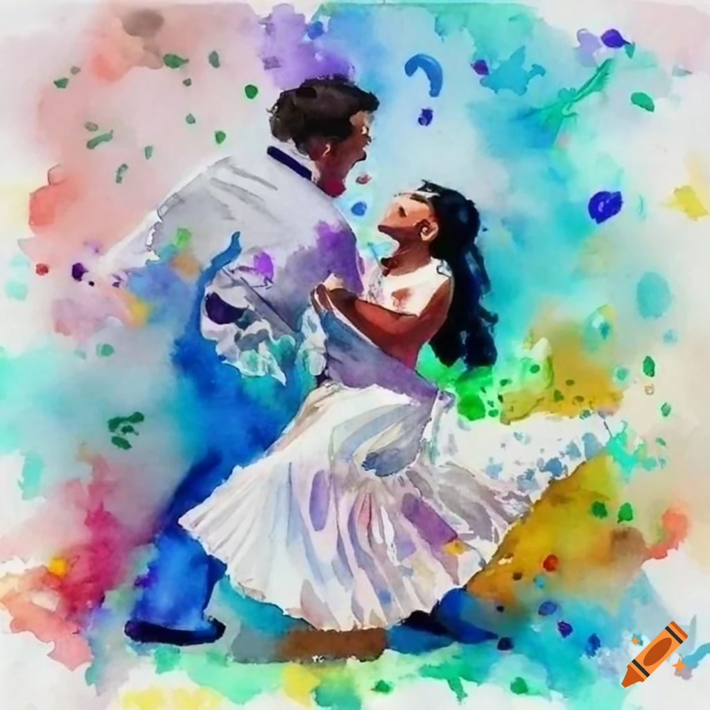 Watercolor of couple performing a romantic rumba dance on Craiyon