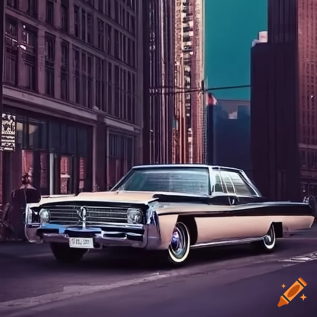 profile of a black 1966 Chrysler Crown Imperial in downtown Detroit