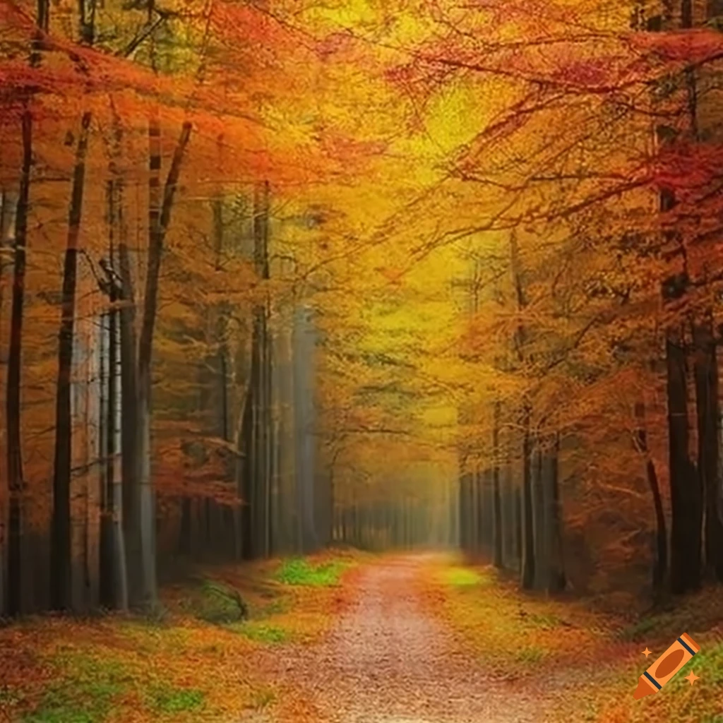 Autumn forest with falling leaves on Craiyon