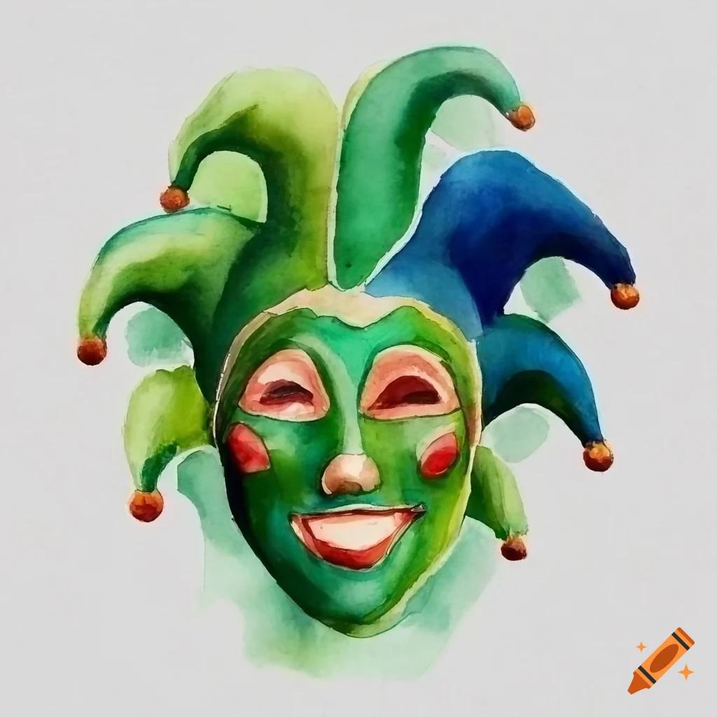 Watercolor painting of a green jester mask on Craiyon