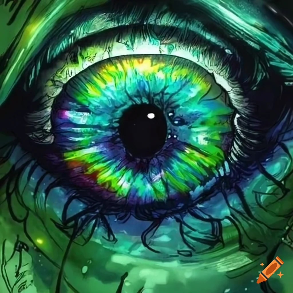 Close-up of a moody green anime eye