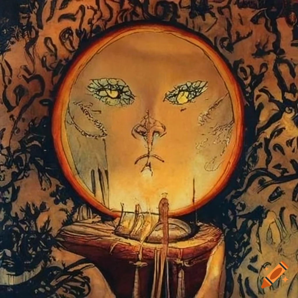 color sketch of a shaman drum by Aubrey Beardsley
