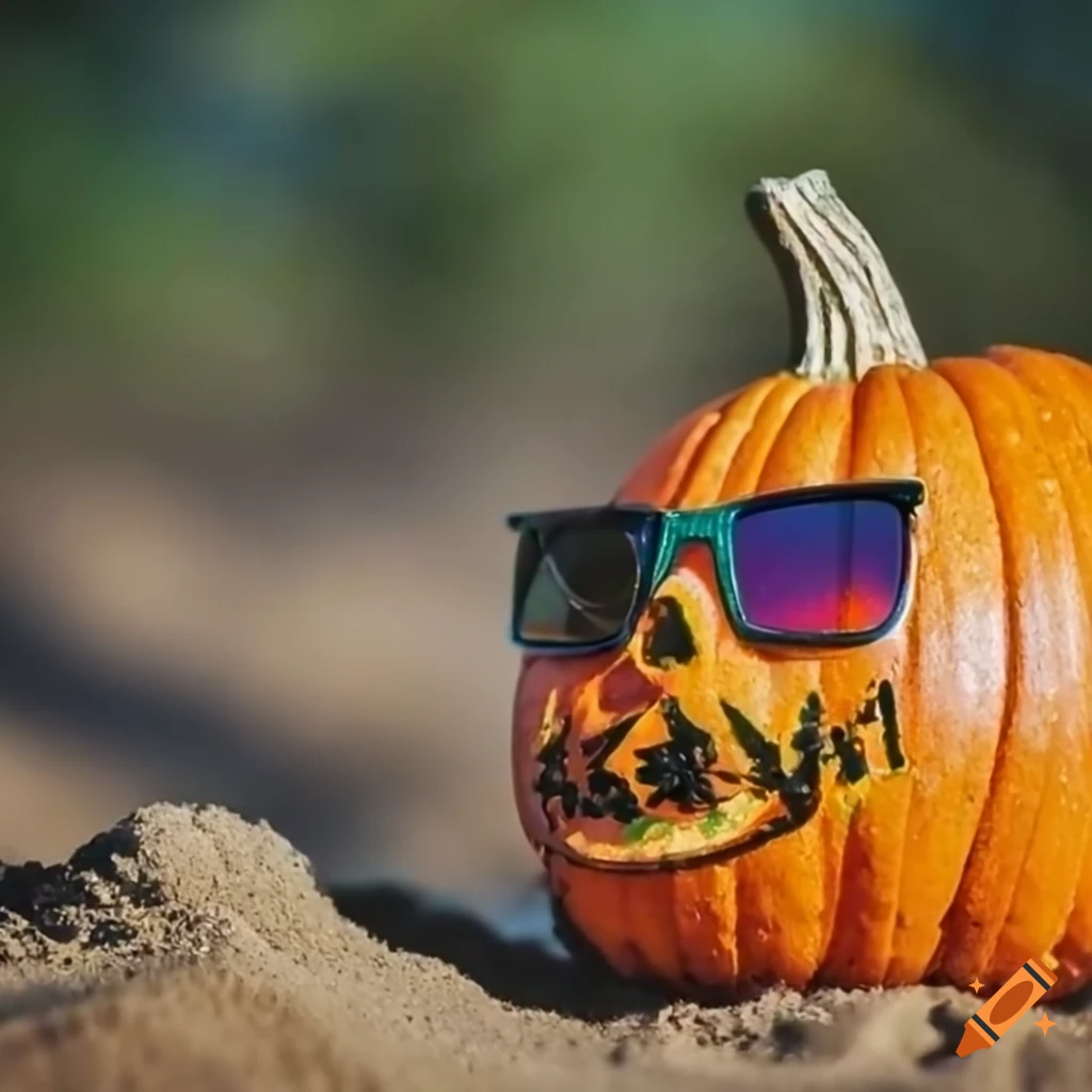 bokeh photography of a pumpkin wearing sunglasses in the sand