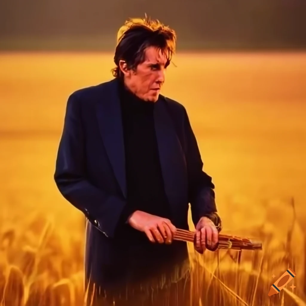 Bryan Ferry singing in a wheat field at sunset
