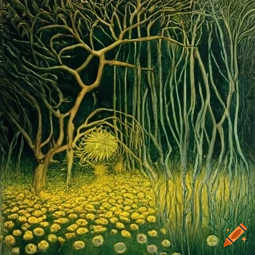 Painting of dandelion trees with carved totems and glowing orbs on Craiyon